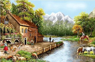 نخ و نقشه تابلو فرش طرح کلبه کنار رود (کد A10-155)منظره
